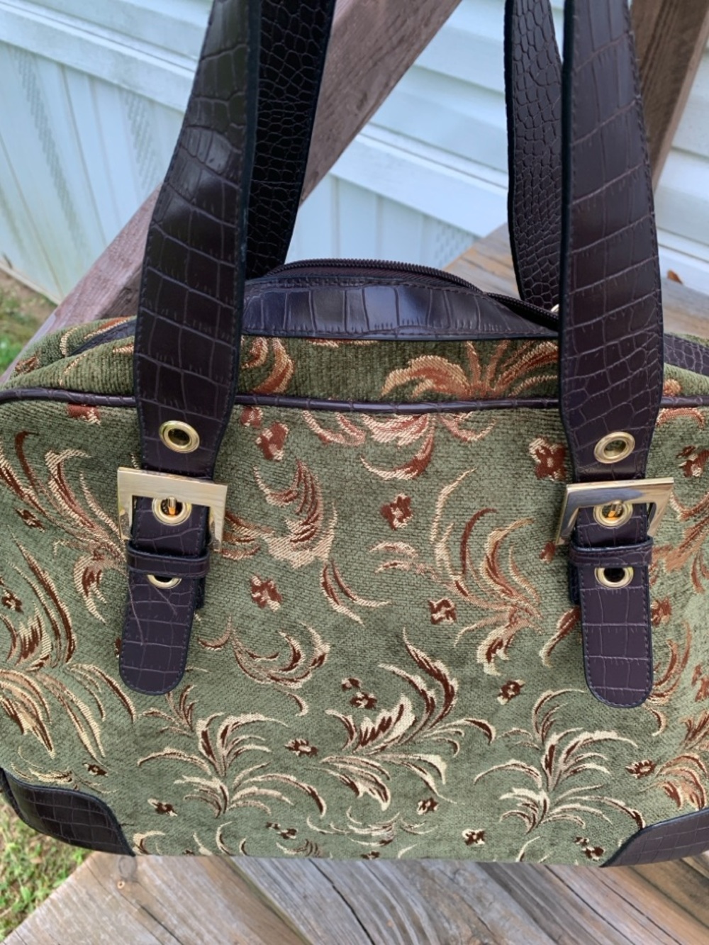 Bueno Olive Green Floral Tapestry Tote Bag with Dark Brown Trim